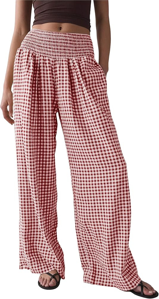 Qiaomai Women Casual Plaid Pants Elastic High Waist Wide Leg Lounge Pants Loose Trousers | Amazon (US)