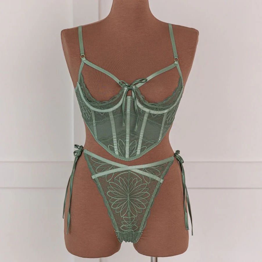 Lacy Underwire Cupless Corset - Sage | Mentionables