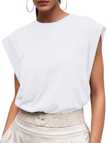 GRECERELLE Womens 2026 Summer Cap Sleeve Casual Basic Tops T-Shirts Loose Crew Neck Tank Fashion Clothes, White, Large | Amazon (US)