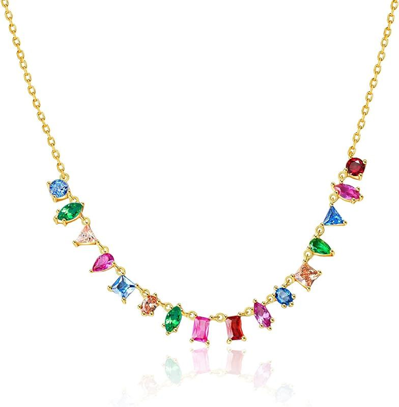 G&GEMSJEW Gold Colorful Gemstone Necklace Women Multi Stone Crystal Multicolor CZ Rainbow Chain C... | Amazon (US)