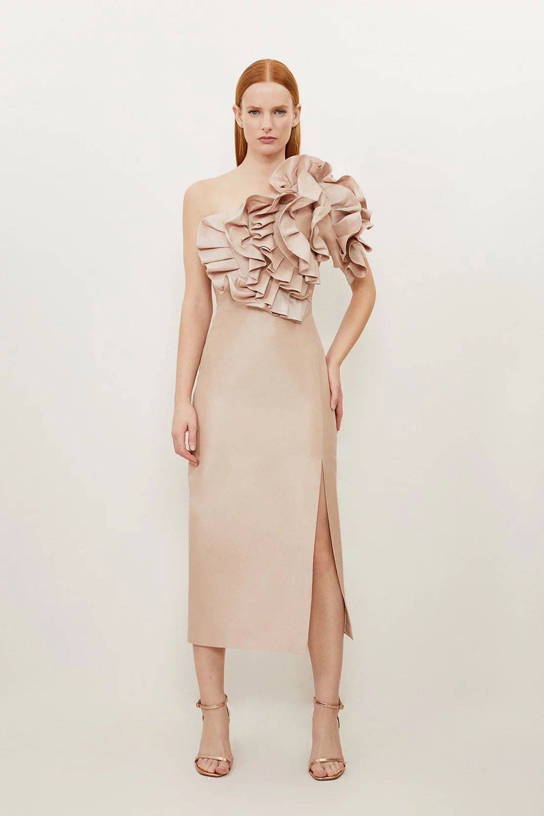 Tall Metallic Taffeta Rosette Maxi Off The Shoulder Dress | Karen Millen US