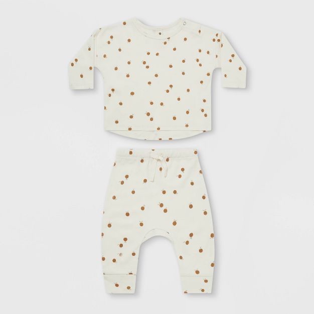 Q by Quincy Mae Baby 2pc Nectarines Jersey Top & Bottom Set - Ivory/Orange | Target