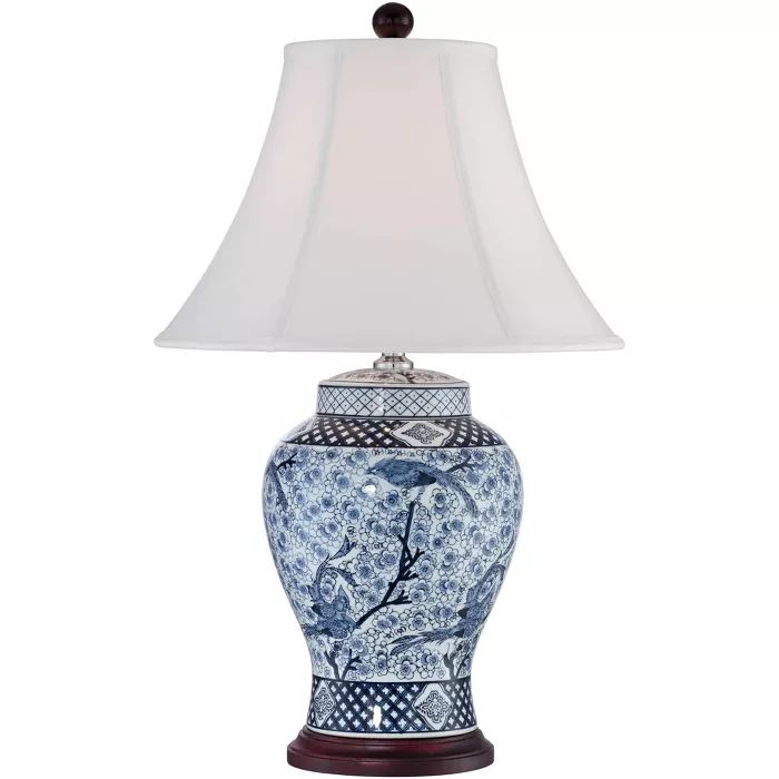 Barnes and Ivy Traditional Table Lamp Porcelain Blue and White Bird and Branch Jar White Bell Sha... | Target