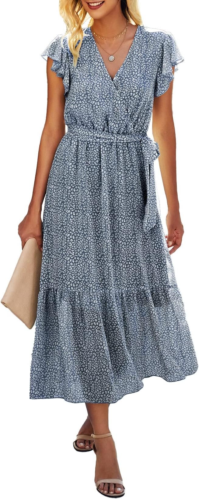 BTFBM Women Summer Bohemian Floral Casual Wrap V Neck Ruffle Cap Sleeveless Belt A-Line Pleated H... | Amazon (US)