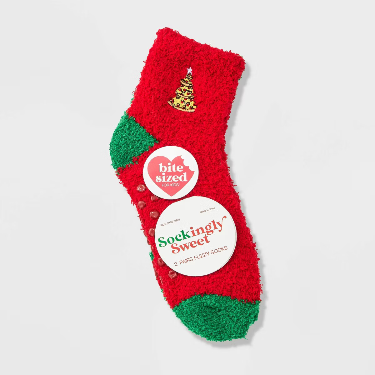 Kid's Embroidered Pizza Christmas Tree 2pk Cozy Ankle Socks with Grippers - Red/Green/Ivory 2-5 | Target