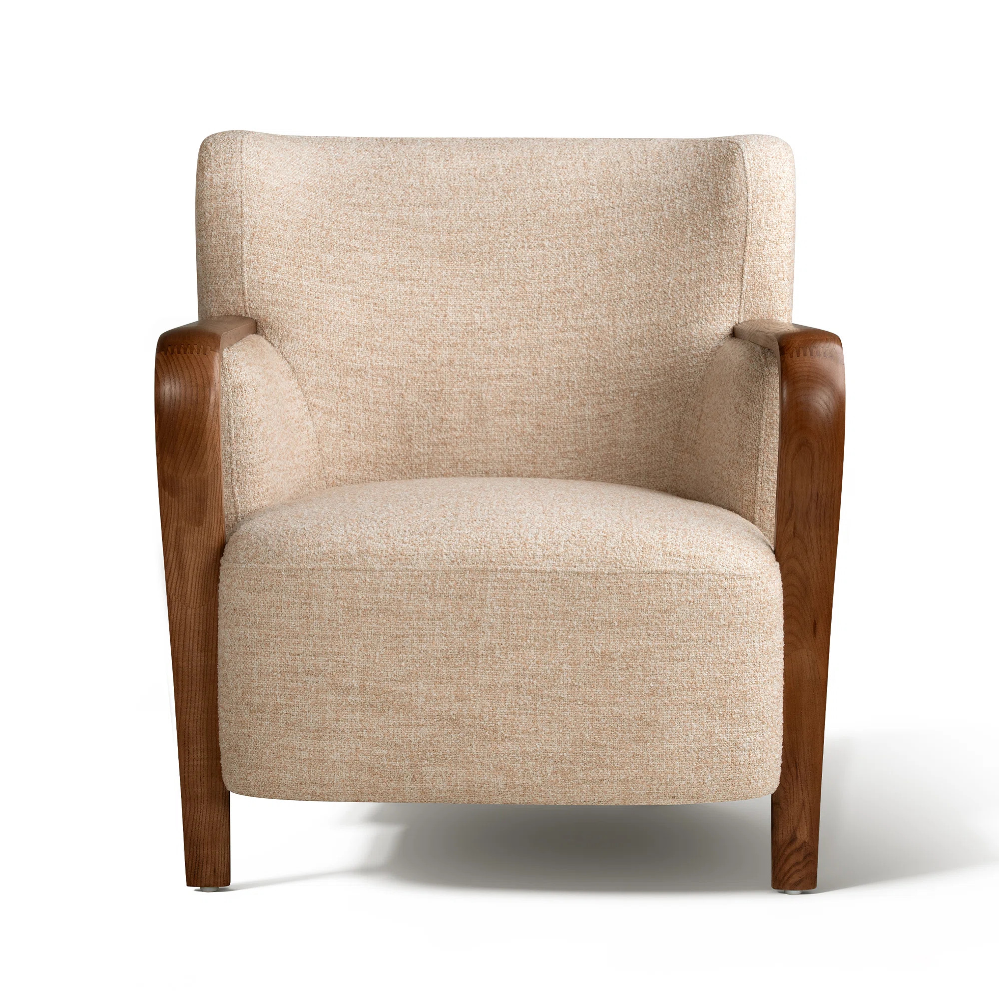 Emma Fabric Accent Chair With Walnut Wood Armrest, Warm Beige | Wayfair North America