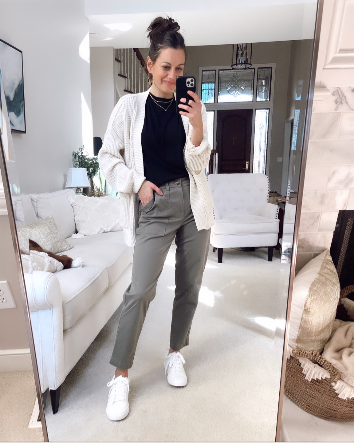 Target teacher outfit - cargo pants/khaki pants (true to size wearing a 2), black Target tee (runs big wearing an xs), chunky knit cardigan (Tts wearing a small), target sneakers (Tts) 

#LTKworkwear #LTKunder50 #LTKstyletip