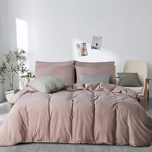JELLYMONI Pink 100% Washed Cotton Duvet Cover Set, 3 Pieces Ultra Soft Bedding Set with Zipper Cl... | Amazon (US)