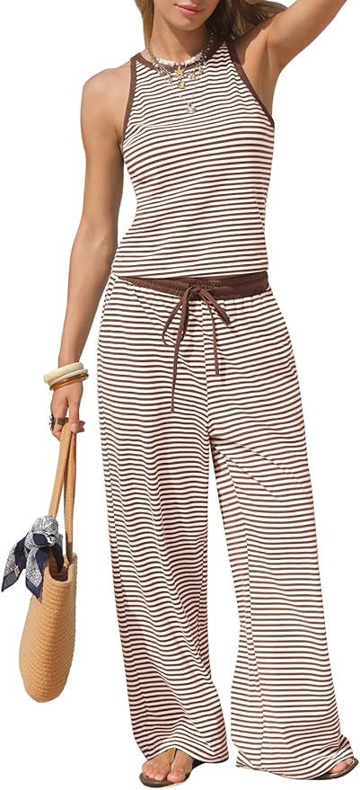 EXLURA Womens Cotton Summer 2 Piece Outfits Striped Halter Tops Matching Wide Leg Pant Sets Loung... | Amazon (US)