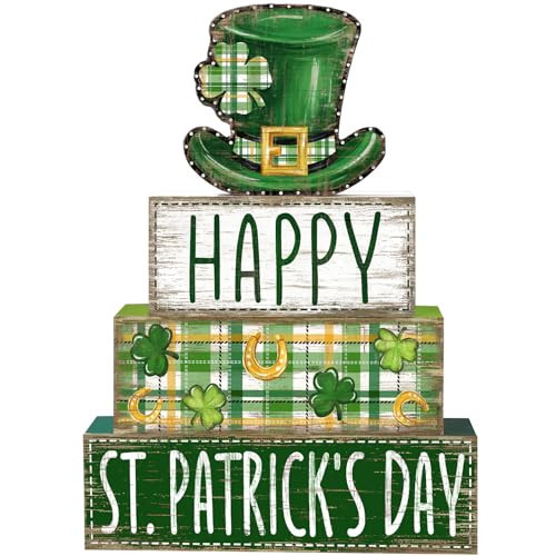 DIYDEC 4Pcs St.Patrick's Day Table Decoration Shamrocks Hat Wooden Block Signs Rustic St. Patrick Tiered Tray Decor Happy St.Patrick's Day Centerpiece Sign for Farmhouse Holiday Tabletop Party Decor | Amazon (US)