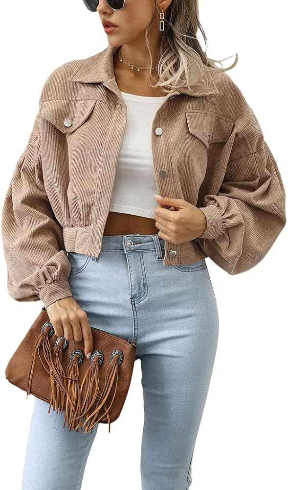 chouyatou Women's Boyfriend Spread Collar Lantern Sleeves Crop Corduroy Trucker Jacket | Amazon (US)