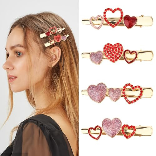 CURASA 4PCS Valentine’s Day Heart Metal Alligator Hair Clips for Women Girls Pink Red Rhinestone Glitter Love Heart Shape Duckbill Hairpins Fashion Sweet Hair Barrettes Party Accessories Holiday Gifts | Amazon (US)