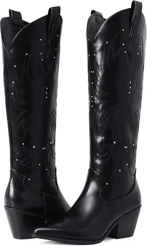 Shoe'N Tale Cowboy Boots for Women Embroidered Western Pointed Toe Chunky Block Heel Knee High Co... | Amazon (US)