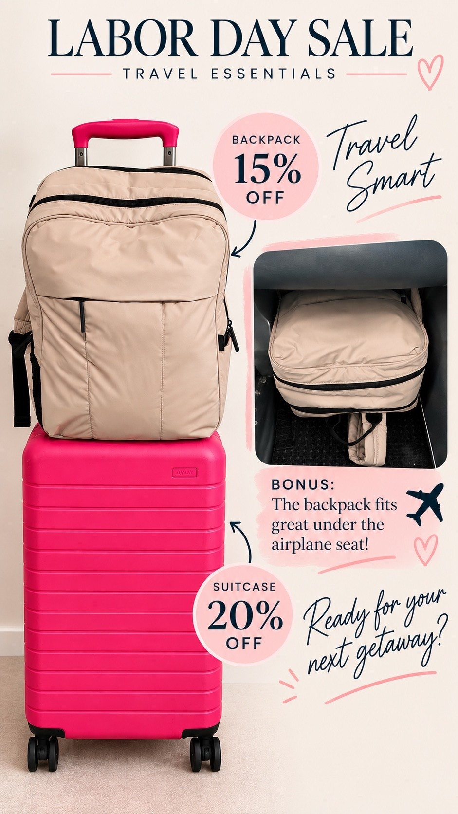 ✈️ TRAVEL FAVORITES ON SALE!
🎒 Backpack — 15% OFF
💕 Away suitcase — 20% OFF

I’ve been putting both of these to the test on my travels, and they’re definitely travel-day winners!

🎒 Backpack — 15% OFF for Labor Day!
It holds SO much, slides right onto my suitcase AND—bonus—I can confirm it fits great under the airplane seat! 🙌 My exact color is sold out, but there are still other great colors available.

💕 Away suitcase — 20% OFF
Mine has been VERY well loved and has traveled all over with me. 😂 It’s one of those purchases I continue to use trip after trip.

If you have travel coming up, these Labor Day deals are worth checking out! ✈️

travel essentials, Labor Day travel sale, travel backpack, backpack that fits under airplane seat, personal item backpack, airplane personal item, women’s travel backpack, carry on travel essentials, Away suitcase, Away luggage, Away suitcase sale, travel luggage, women’s travel essentials, airport essentials, frequent flyer essentials, travel must haves, carry on packing, travel gear for women, weekend travel essentials, best travel backpack, Calpak backpack, laptop backpack, 

#TravelEssentials #TravelFavorites #TravelMustHaves #TravelDeals #LaborDaySale #TravelBackpack #PersonalItemBag #CarryOnLuggage #AwayTravel #AwayLuggage #AirportEssentials #TravelStyle #FrequentTraveler #TravelTips

#LTKTravel #LTKTravel #LTKSaleAlert #LTKdayinmylife