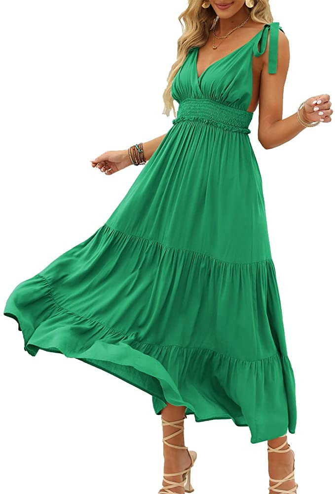 DEEP SELF Women's Summer V Neck Tie Strap Maxi Dress Halter Ruffle Hem Long Dresses Spaghetti Str... | Amazon (US)