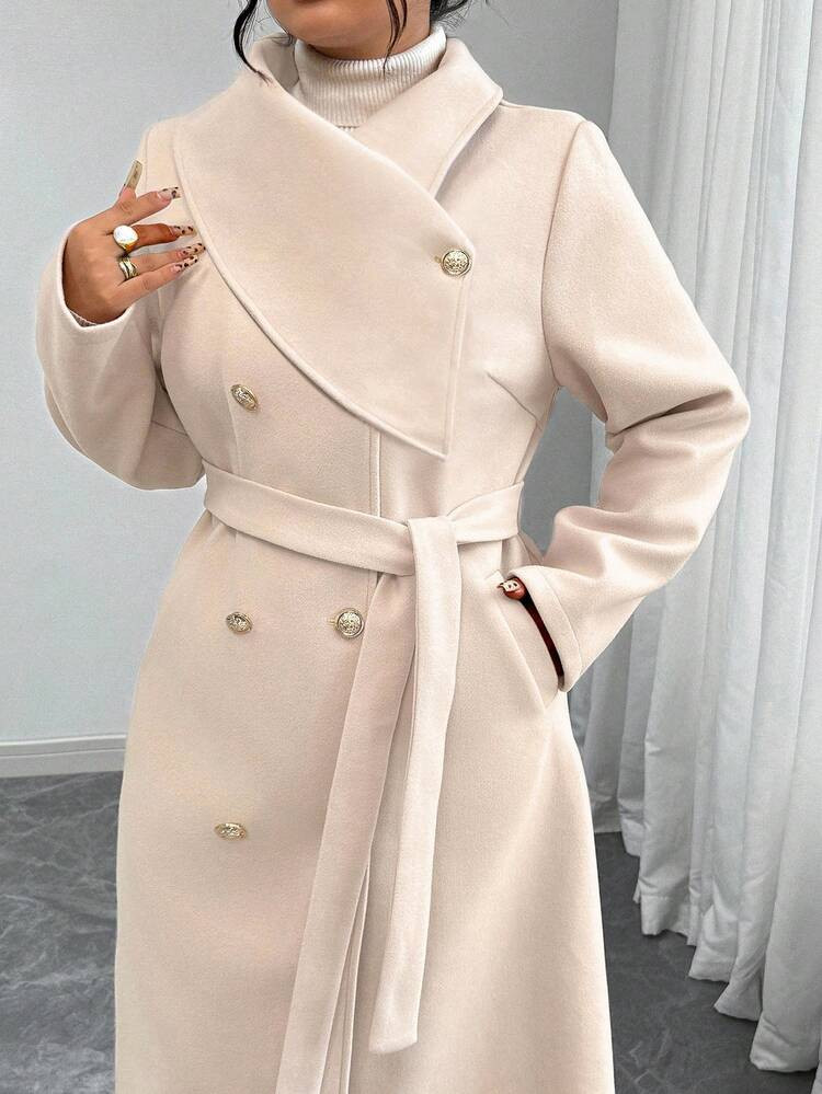 Elenzga Plus Size Women's Solid Color Tie Waist Double-Breasted Long Sleeve Elegant High-Quality Romantic Long Woolen Coat Beige Coat Winter Coat Women Neutral Coat Women Trench Coat Classic Women Coat Winter Autumn Fall | SHEIN