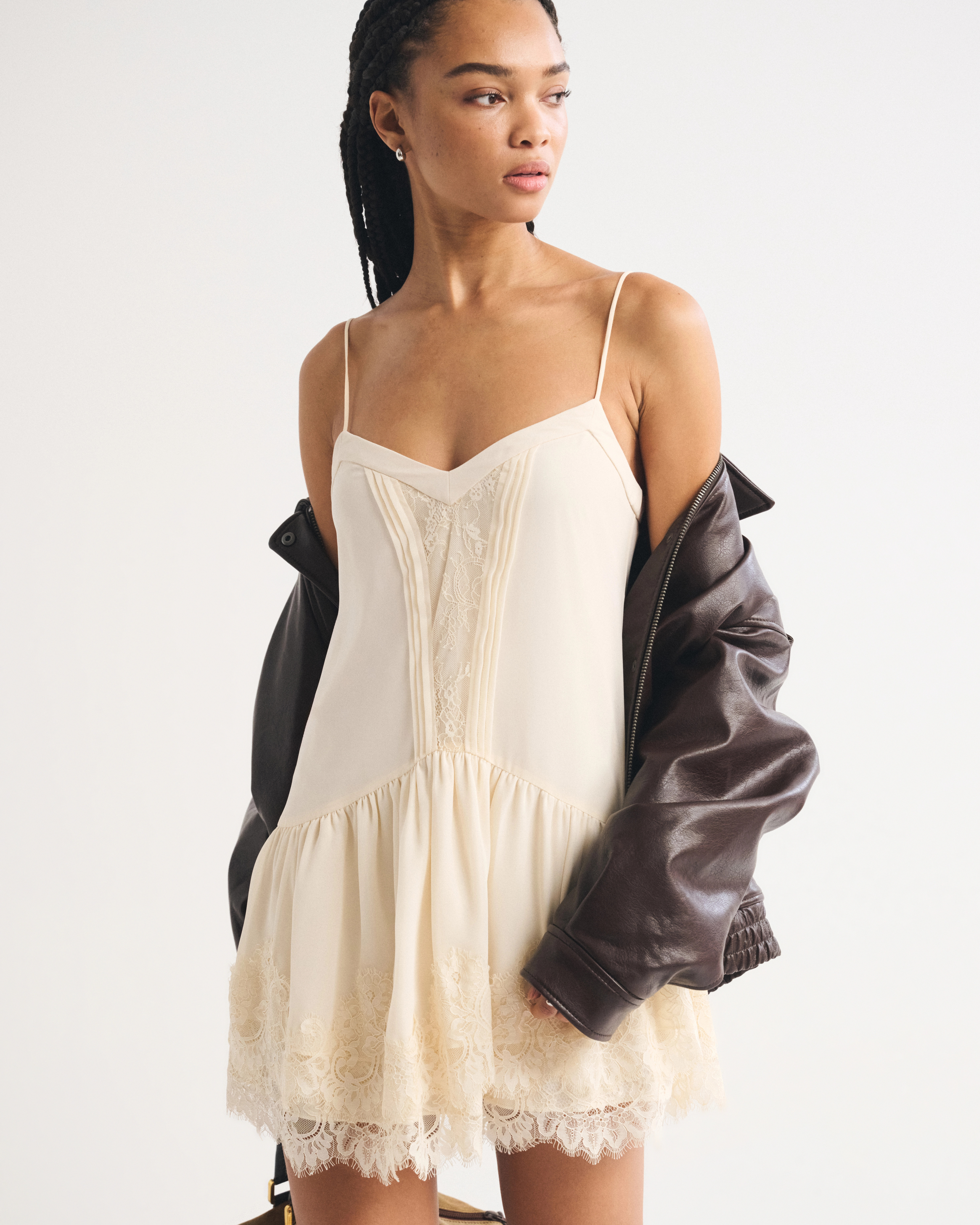 V-Neck Lace Ruffle Mini Dress | Abercrombie & Fitch (US)