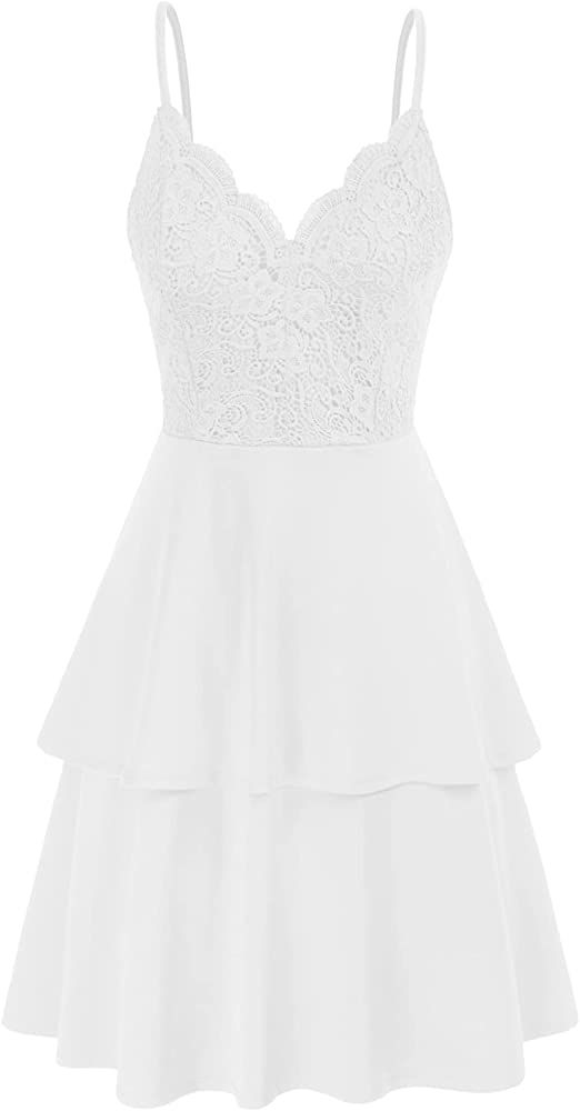 GRACE KARIN Women's Lace V Neck Spaghetti Straps Tiered A Line Wedding Guest Cocktail Dresses | Amazon (US)