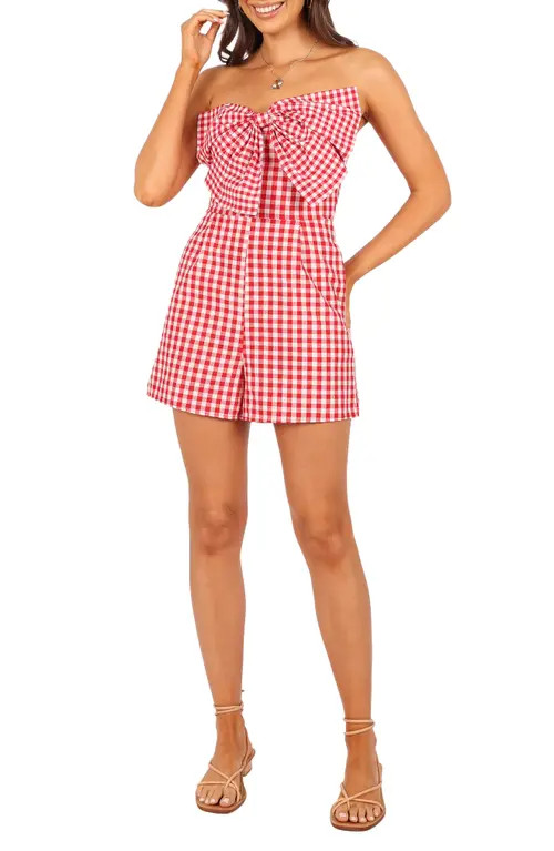 Petal & Pup Bambi Gingham Strapless Cotton Bow Front Romper in Red White at Nordstrom, Size Large | Nordstrom