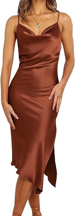PRETTYGARDEN Women's Satin Dress Sleeveless Spaghetti Strap Side Slit Cowl Neck Midi Bodycon Dres... | Amazon (US)