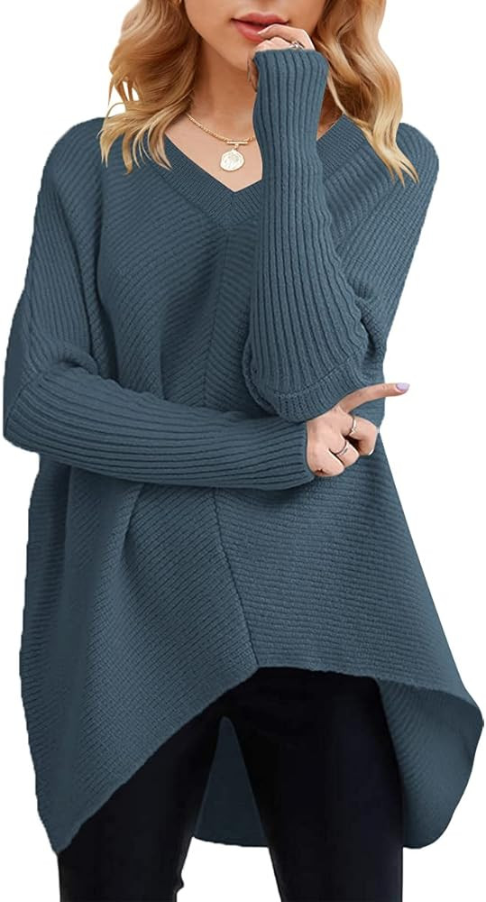 ANRABESS Womens V Neck Oversized Long Batwing Sleeve Asymmetric Hem Casual Pullover Sweater Knit Top | Amazon (US)