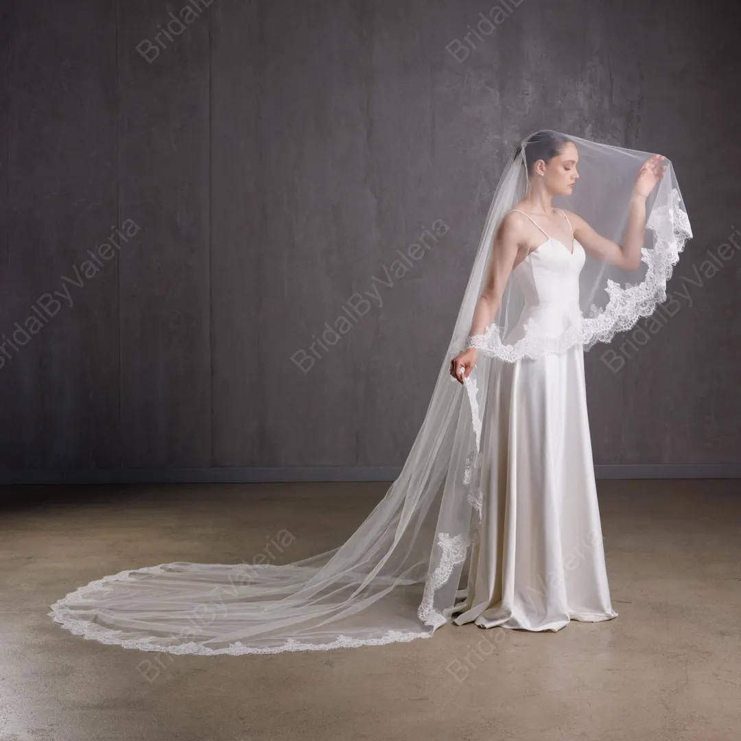 Cathedral Wedding Veil Lace Wedding Veil Lace Trim Bridal Veil 2 Tires Fingertip Double Tiers Vei... | Etsy (US)