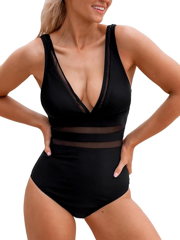 CUPSHE Women's One Piece Swimsuit Long Torso Bathing Suit Plunging Neck Mesh Wide Adjustable Stra... | Amazon (US)