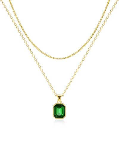 Lourny Gold Layered Crystal Necklace for Women, 18K Gold Plated Choker Emerald Green Dainty Chain Trendy Statement Necklace Jewelry for Women Gifts | Amazon (US)