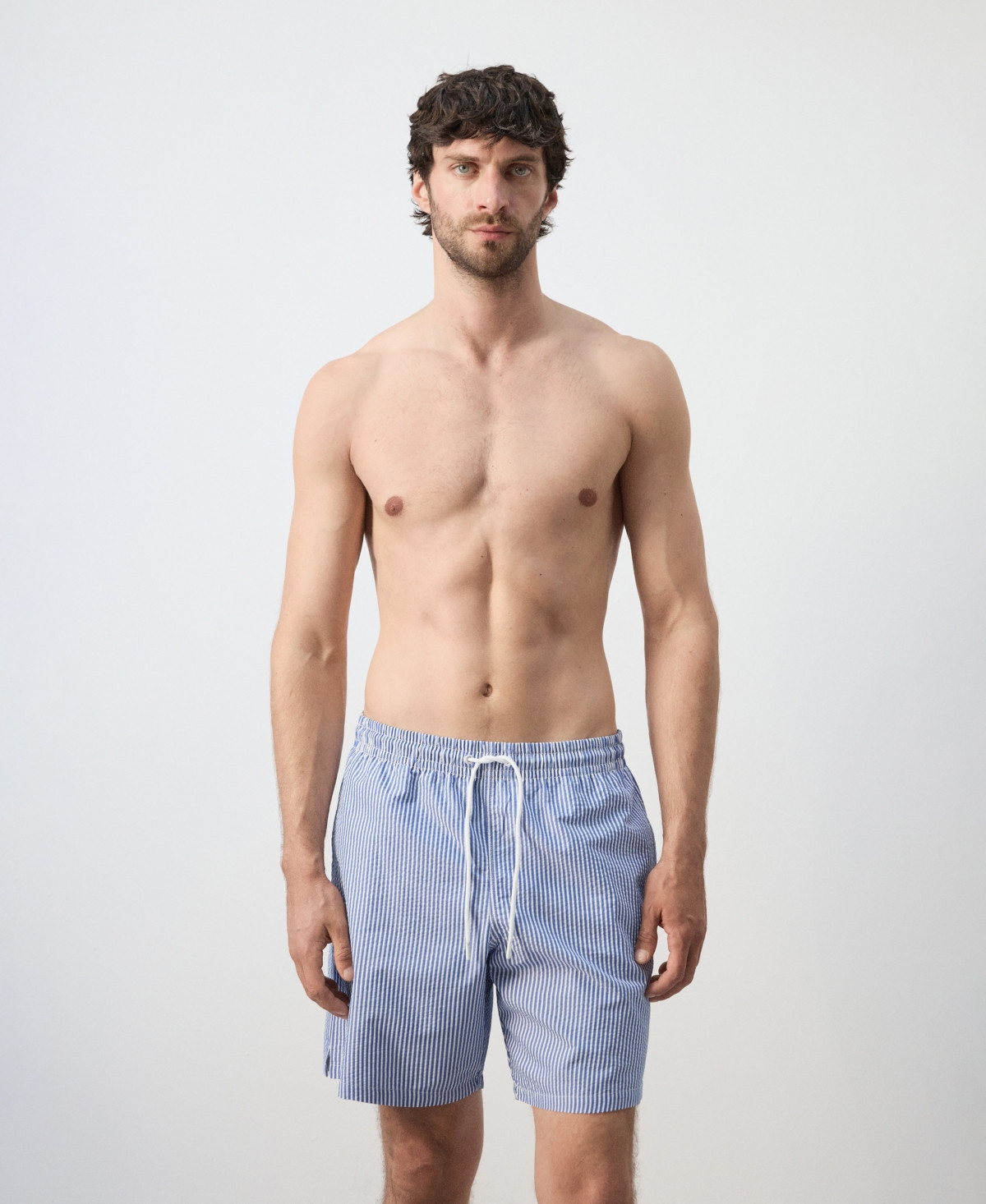 Mango Men's Seersucker Striped Swimsuit - Ink Blue | Macy's
