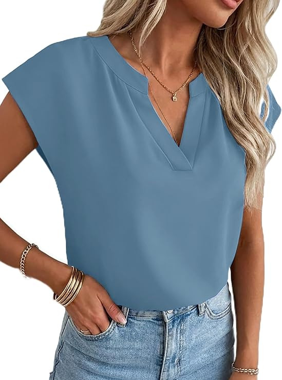 Funlingo Women's Cap Sleeve V Neck Tops Dressy Casual V Neck Shirts Summer Loose Work Blouses for... | Amazon (US)