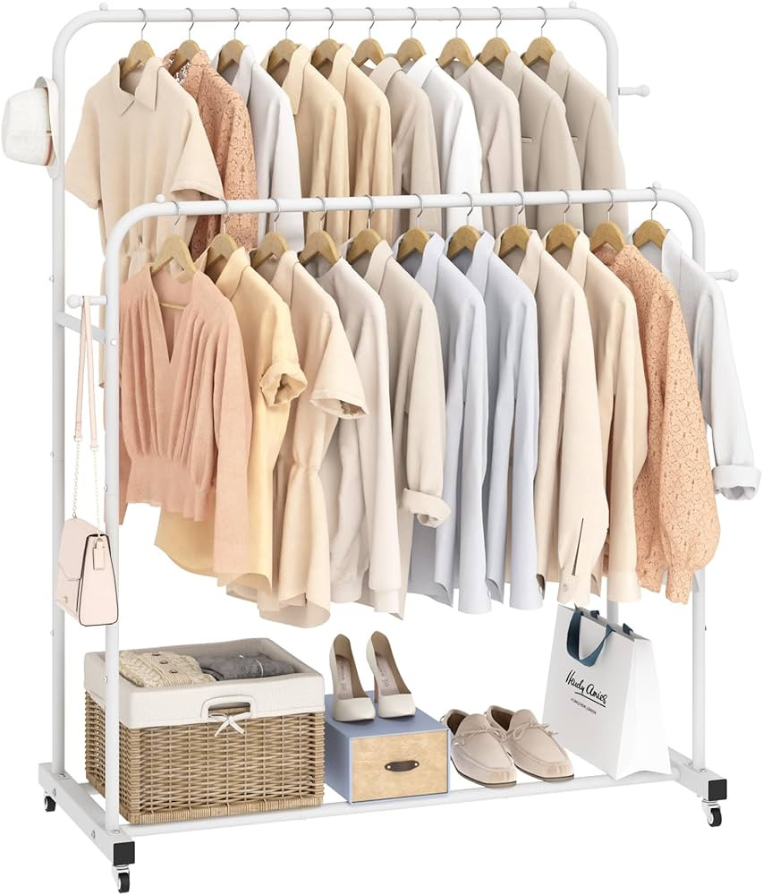 Double Rods Garment Rack with Wheels, Clothing Rack for Hanging Clothes,4 Hooks, Multi-functional... | Amazon (US)
