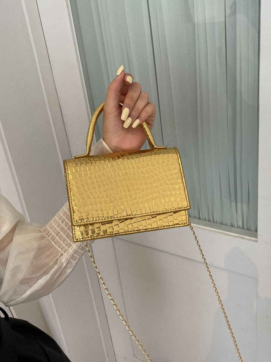Lightweight,Business Casual Mini Metallic Crocodile Embossed Flap Square Bag For Teen Girls Women... | SHEIN