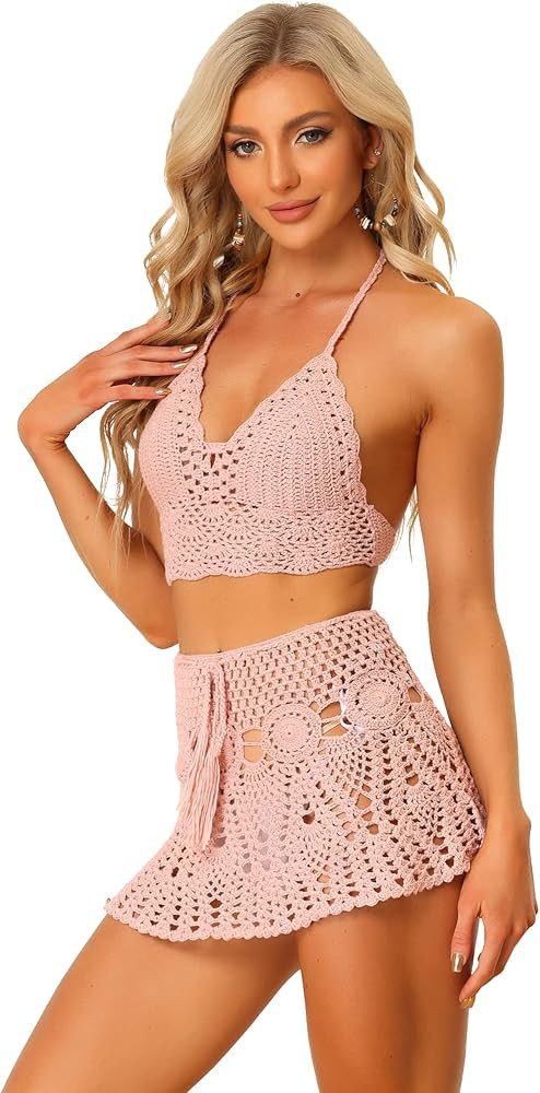 Allegra K Women's 2 Pieces Bikini Set Hollow Out Cami Top Mini Skirt Summer Beach Crochet Knit Se... | Amazon (US)