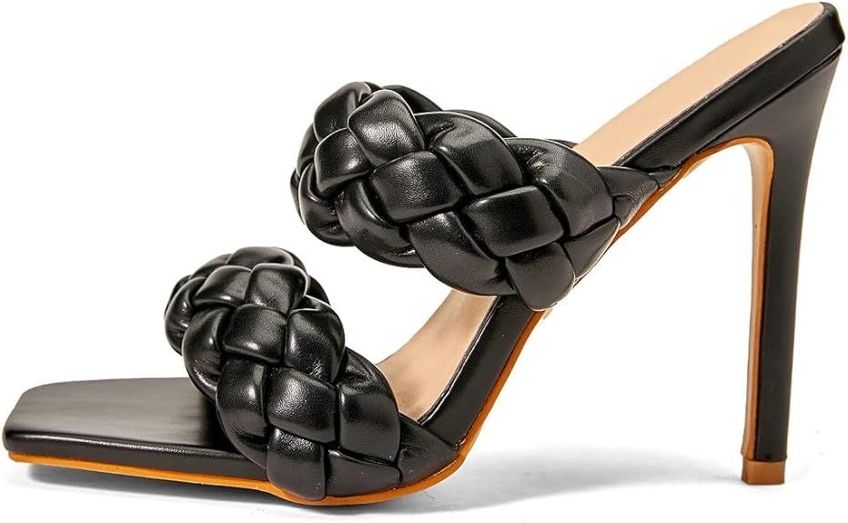 CAIJ Square Open Toe Heels for Women Braided Straps High Heel Slide Sandals Slip On Stiletto Heel... | Amazon (US)