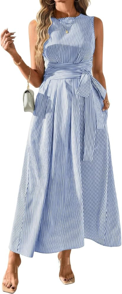 ebossy Women's Striped Shirt Dress Casual Crewneck Tie Waist Sleeveless A-Line Maxi Cotton Dress ... | Amazon (US)