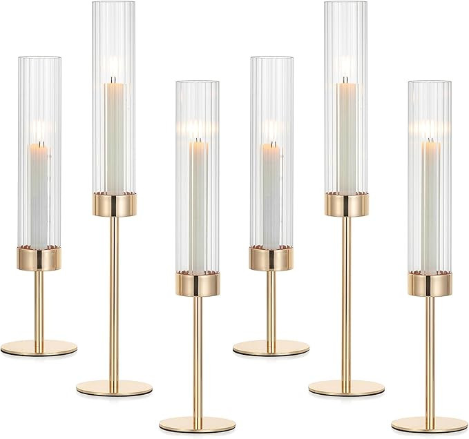 Hewory Gold Taper Candle Holders: Candlestick Holders Set of 6 Hurricane Glass Tall Candle Holder... | Amazon (US)