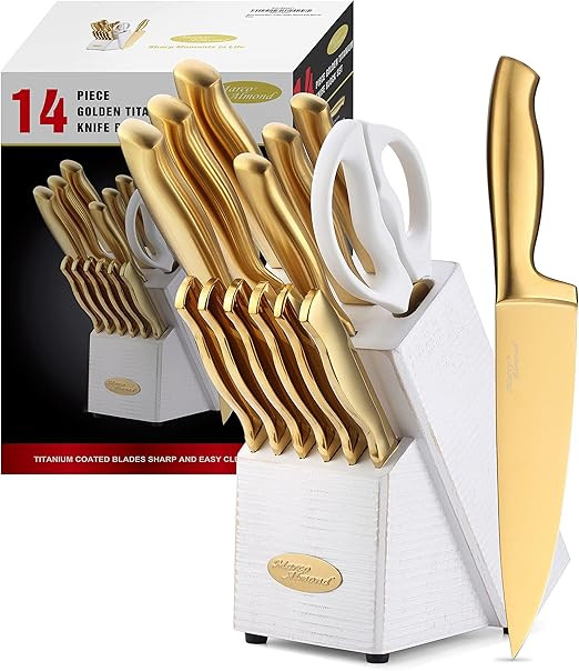 Knife Set-Marco Almond® MA21 Luxury Golden Kitchen Knife Set, Titanium Coated 14 Pieces Stainles... | Amazon (US)