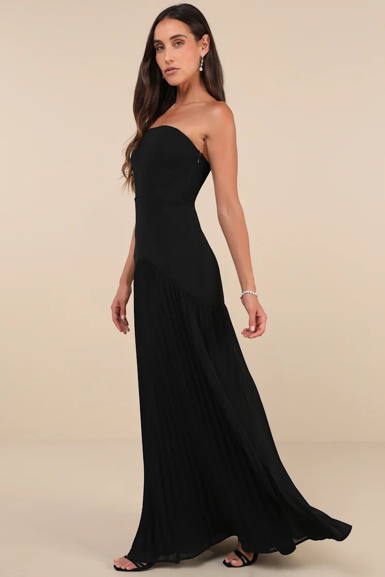 Celebratory Aesthetic Black Pleated Strapless Maxi Dress | Lulus
