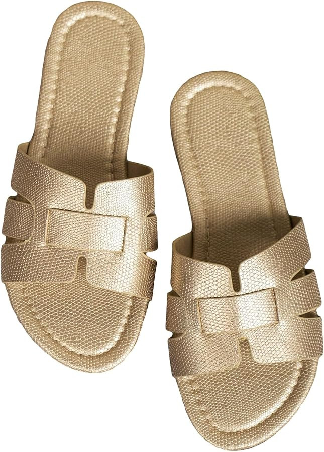 GORGLITTER Women's Crocodile Embossed Flat Sandals Cross Strappy Open Toe Slide Sandals | Amazon (US)