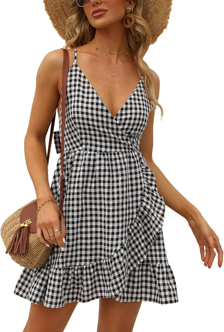 SENFURE Women V Neck Spaghetti Strap Dress Cute Backless Bowknot Floral Print Skater Mini Dress | Amazon (US)