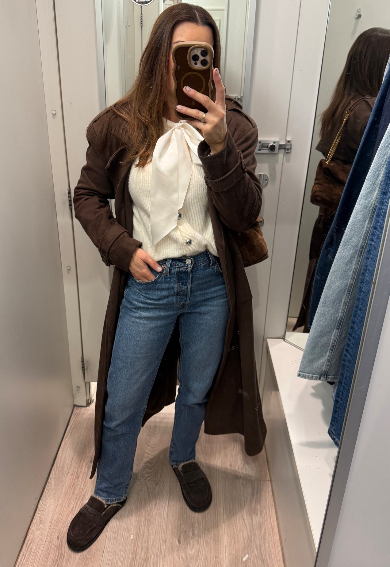 Brown is the colour of the season, I love matching it with denim. Add in a lighter colour to lift the outfit. Grey looks great with brown & denim for another colour combo. 
Add in loafers/mules are a 2026 update to. Ballet flats.
I wear 25x30 and I’m 5.4 the length is perfect for me. 
The exact jeans are Levi’s 501 straight leg  

#LTKeurope #LTKuk #LTKjeans