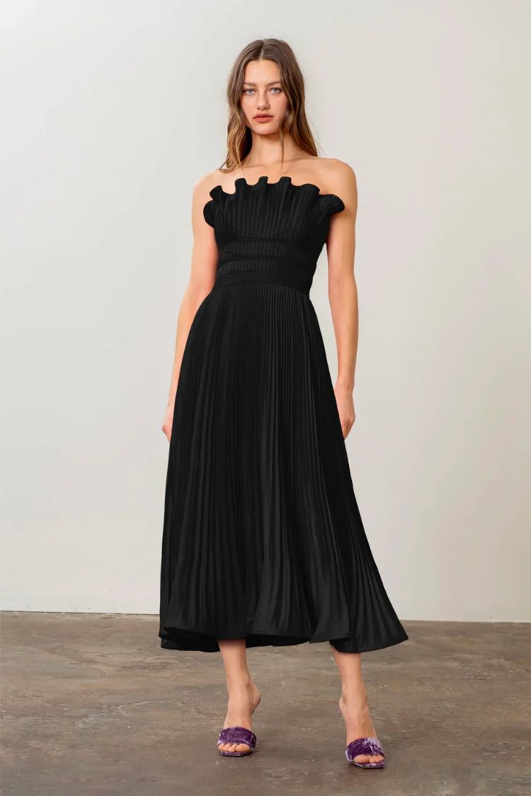 Black Tiered Pleated Midi Dress | Confête