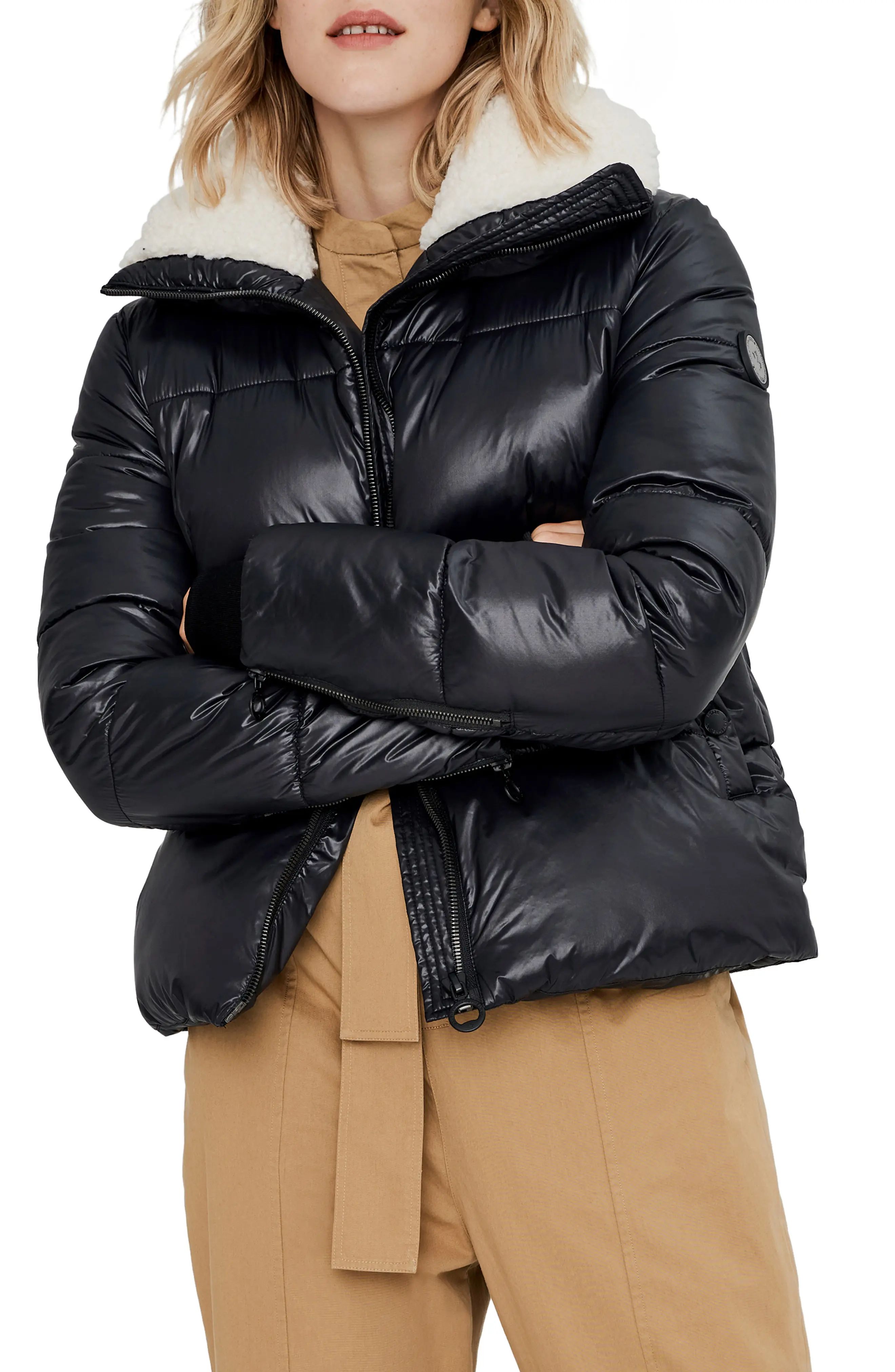 Women's Noize Felicia Fleece Trim Crop Puffer Coat, Size Small - Black | Nordstrom
