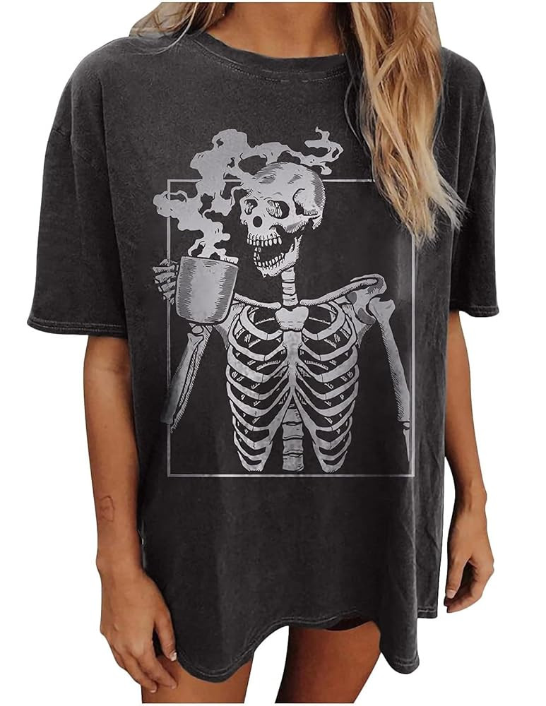 Oversized Hot Coffee Skeleton Shirt Women Halloween Skeleton Tshirt Funny Skull Graphic Tees Tren... | Amazon (US)