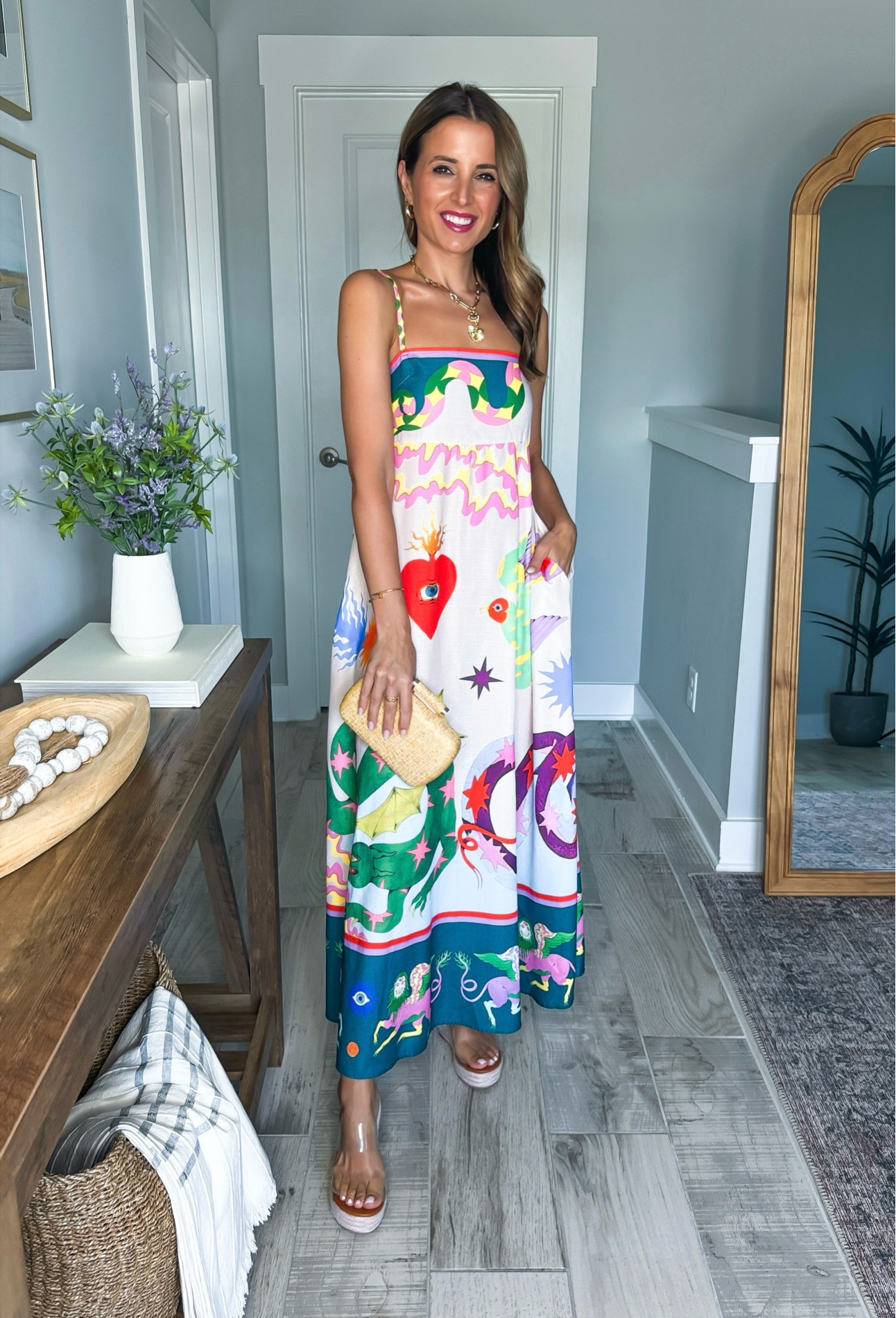 Amazon look-for-less dresses. Summer dresses. Fall dresses. Resort wear. Casual dresses. Floral dresses. Maxi dresses. Party dresses. Brunch outfit. Wearing small in maxi + adjustable straps + pockets. Clear wedges are TTS. Color is ‘cami colorful’. 

*Dress is slightly sheer but I’m wearing nude undergarments and it’s fine on me! Have worn this out, too. 

#LTKTravel #LTKParties #LTKShoeCrush