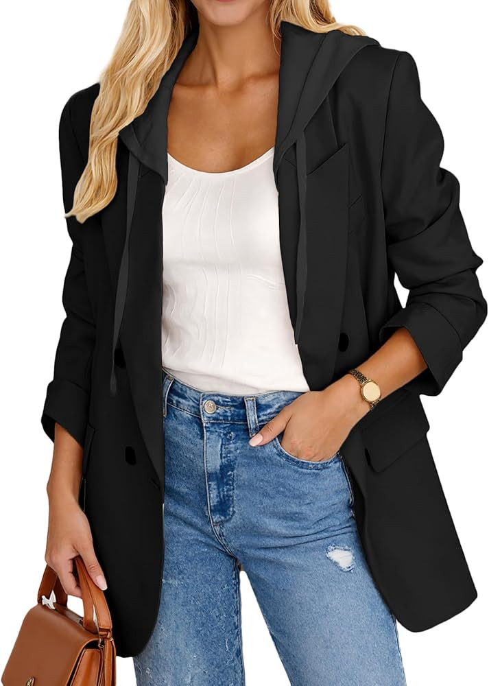 Mina Self 2025 Women's Fall Hooded Blazer Jacket - Double-Breasted Oversize Loose Fully-Lined Wor... | Amazon (US)