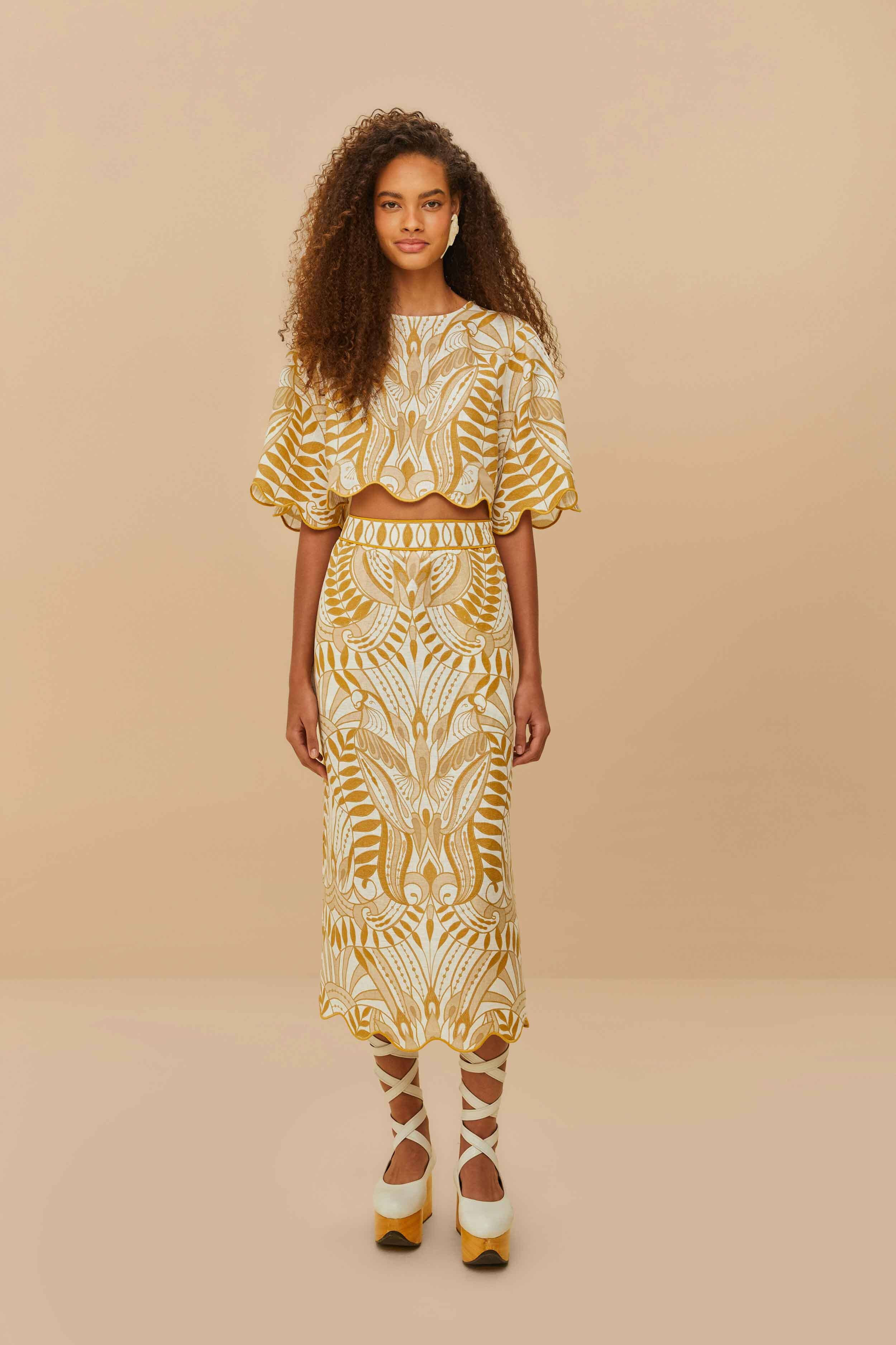 Off-White Lace Nature Euroflax Premium Linen Midi Skirt, LACE NATURE OFF-WHITE / XS | FarmRio (US)