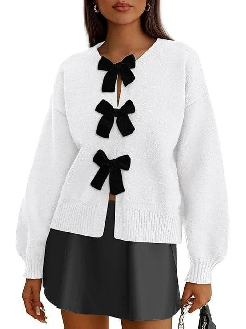 PRETTYGARDEN Cardigan Sweaters for Women Fall Bow Tie Front Long Sleeve Knit Sweater Tops Cute Go... | Walmart (US)