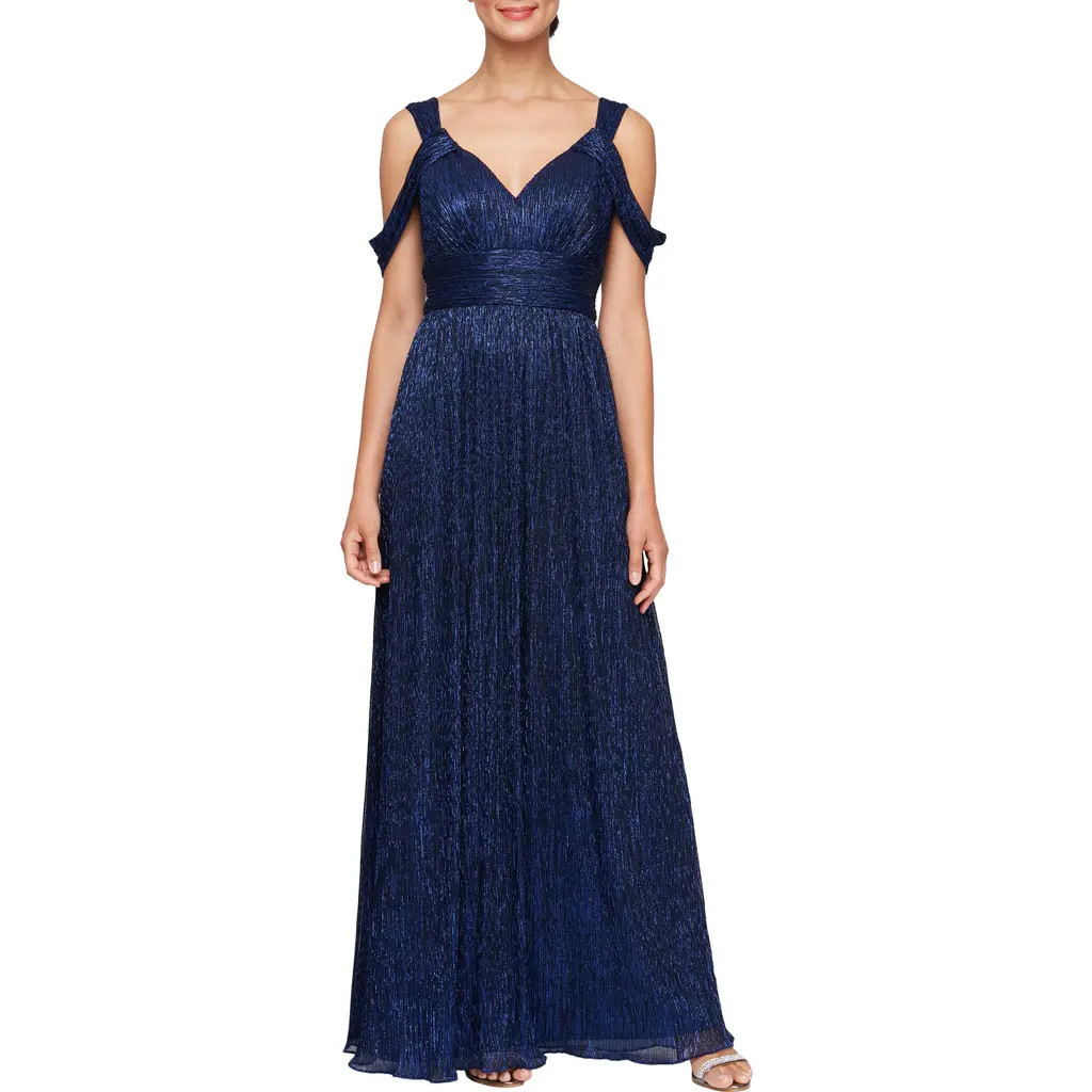 Alex Evenings Metallic Cold Shoulder Gown in Black Royal at Nordstrom, Size 10P | Nordstrom