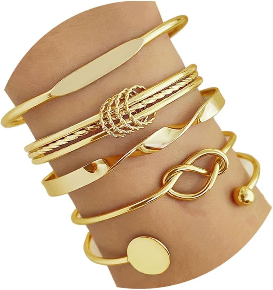 Gold Bangle Bracelets Set for Women, 14k Gold Plated Multi Layer Stackable Cuff Bracelets, Person... | Amazon (US)
